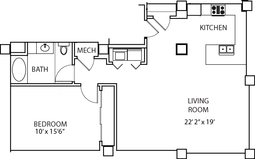 Floor plan for 1 bed, 1 bath, 970 sqft